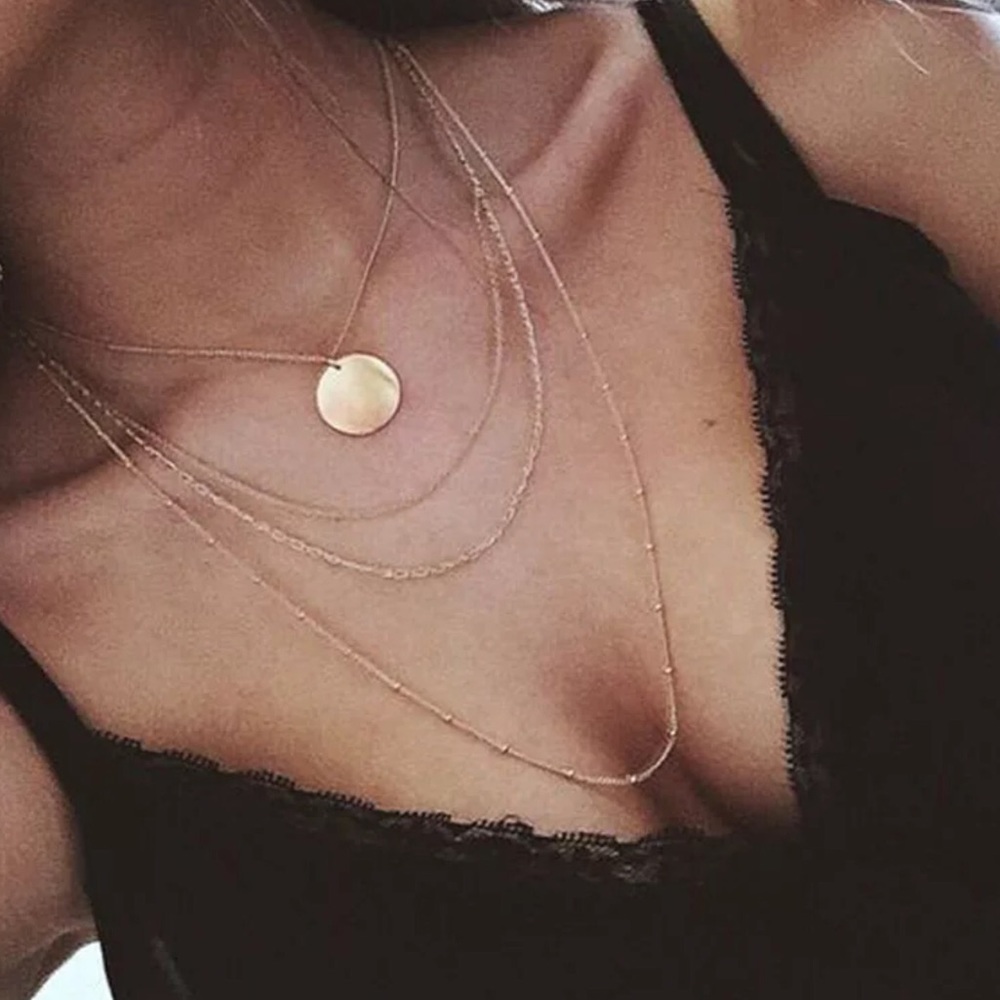 Gold circle medal multi-layer bohemian necklace.